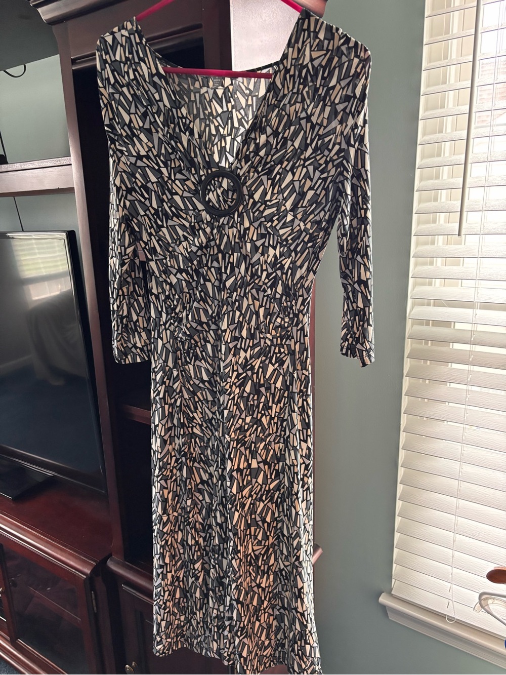 NY Collection Black and White Geometric Midi Dress with Ring Detail